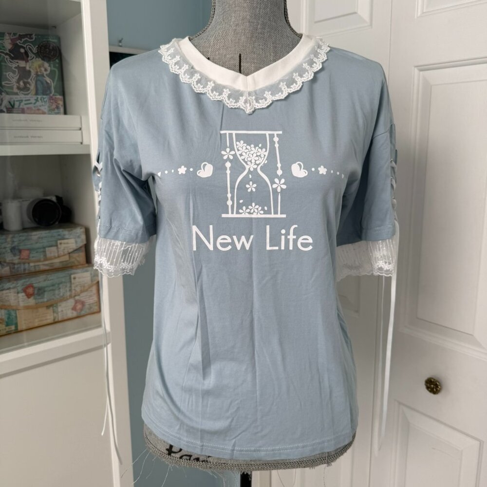 Cute Pastel “New Life” Lace Tee – L (Fits S)